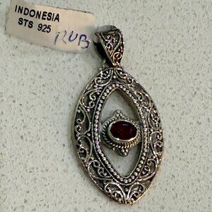 925 Sterling Silver Filigree Pendant with Synthetic Ruby